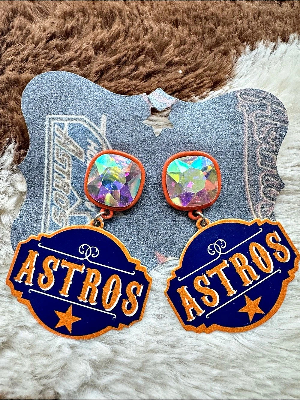 Astros Dangle Earrings in Blue & Orange NWT, never worn. Bought at a pop up sho